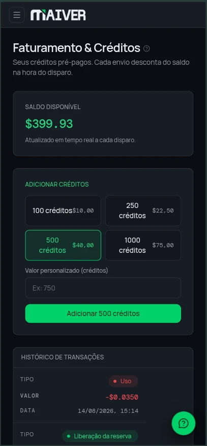 Tela de Custos & Billing no app Maiver (tema escuro)