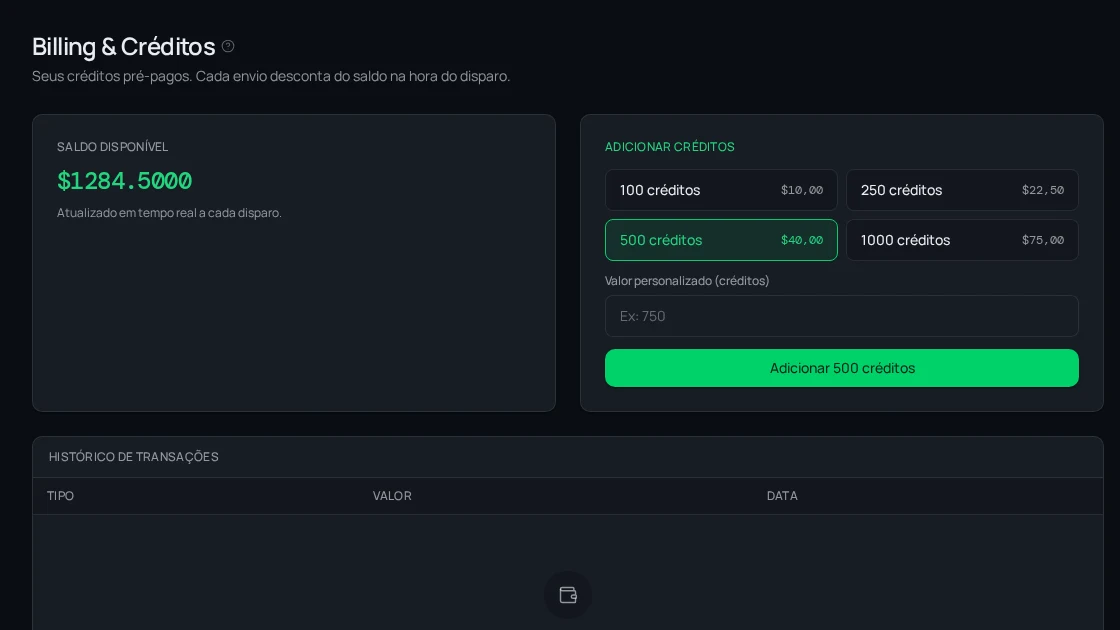 Tela de Custos & Billing no app Maiver (tema escuro)