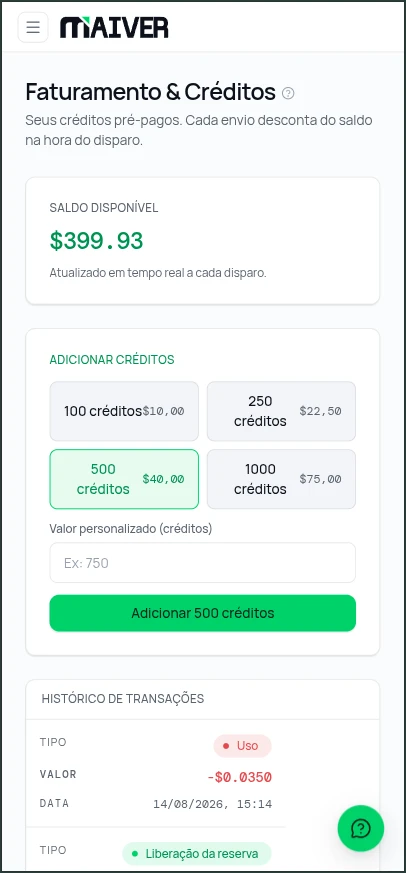 Tela de Custos & Billing no app Maiver