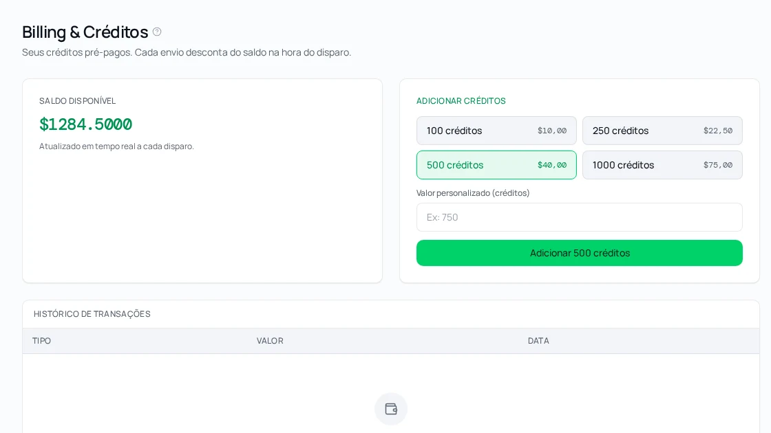 Tela de Custos & Billing no app Maiver