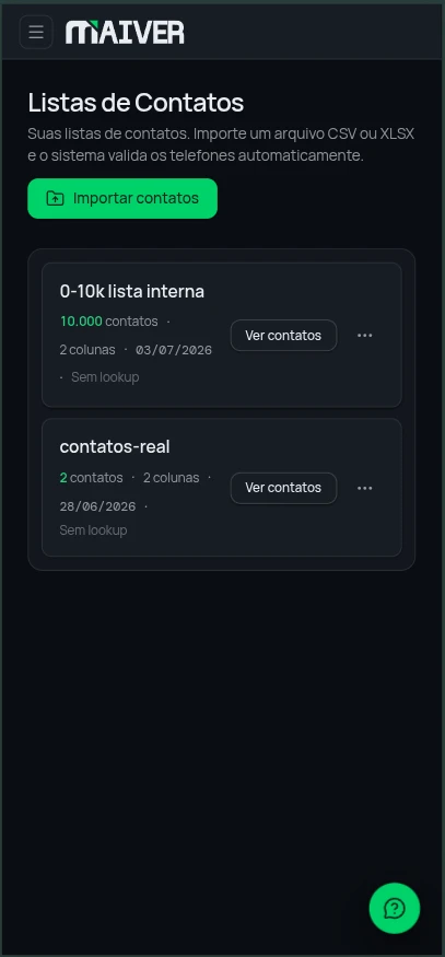 Tela de Listas & Importação no app Maiver (tema escuro)