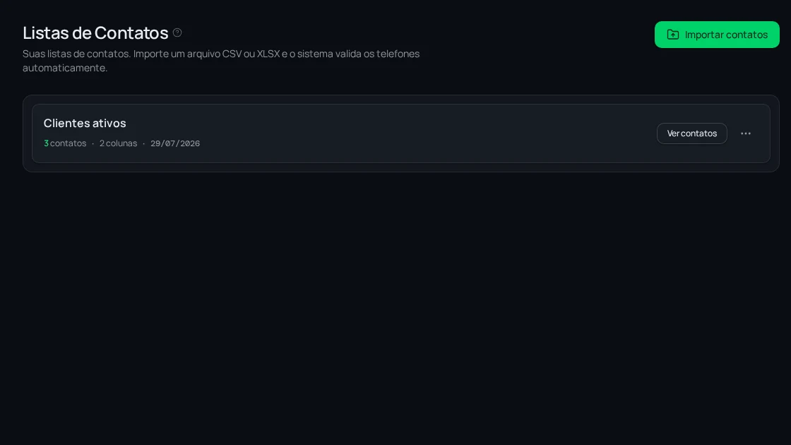 Tela de Listas & Importação no app Maiver (tema escuro)