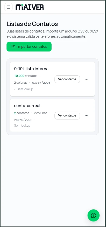 Tela de Listas & Importação no app Maiver