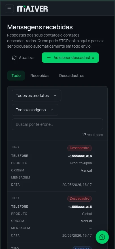 Tela de Opt-outs & Compliance no app Maiver (tema escuro)