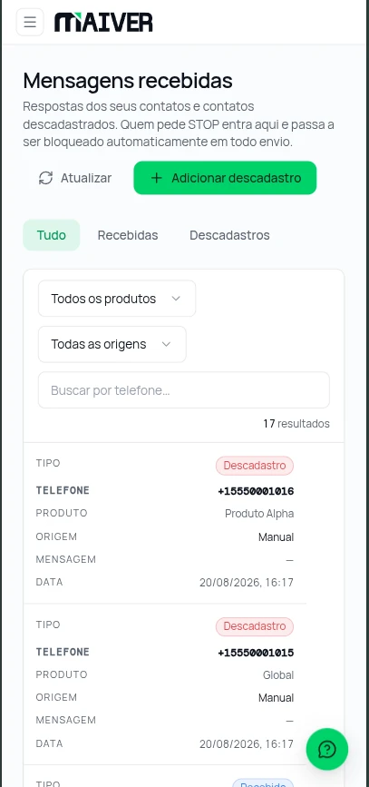 Tela de Opt-outs & Compliance no app Maiver