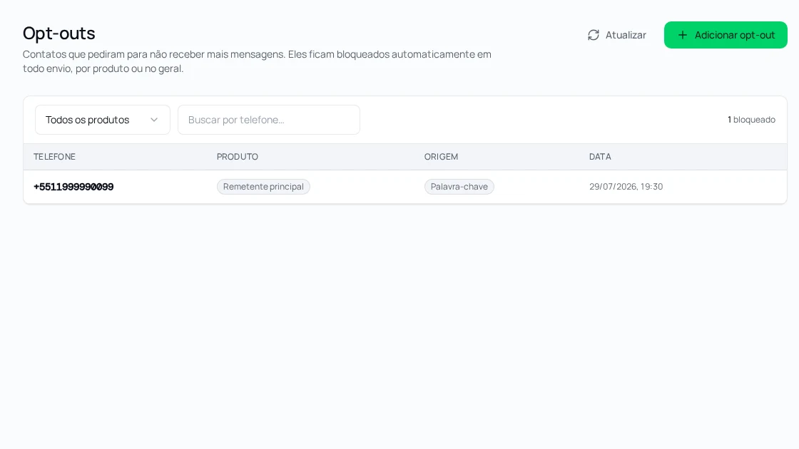 Tela de Opt-outs & Compliance no app Maiver